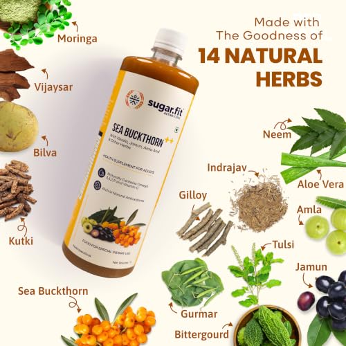 Image of Sugar.fit Himalayan Sea Buckthorn Juice 1000ml | Cold Pressed Seabuckthorn Berry Pulp with 14 Herbs - Amla, Karela, Jamun | Natural Vitamin C, Omega 3 6 7 9 | Immunity, Skin Glow & Gut Health