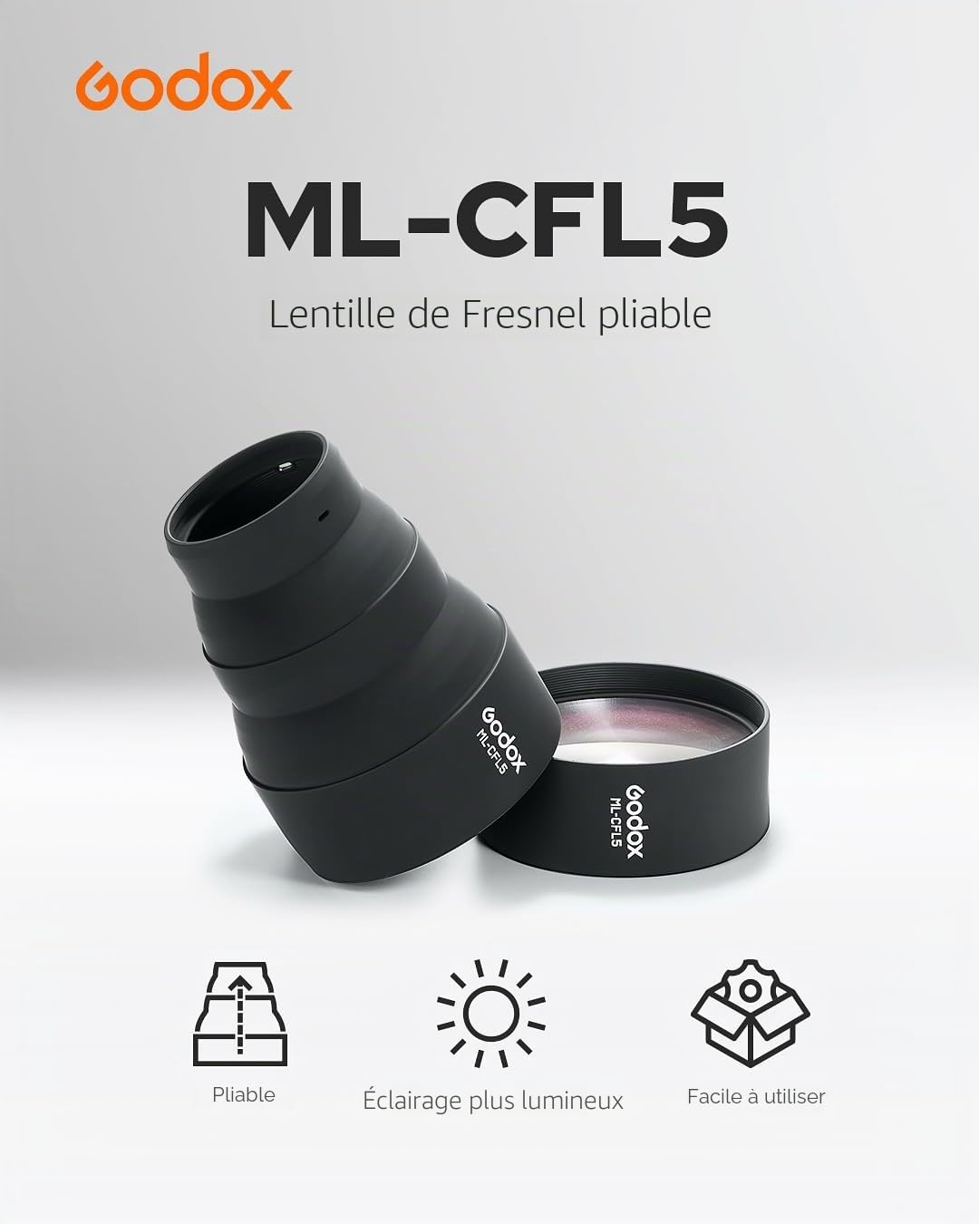 Godox ML-CFL5 Embout de Fresnel pliable en silicone avec modificateur de lumière réglable pour réflecteurs ML-L15 et ML-L36 de Godox ML100BI ML100R