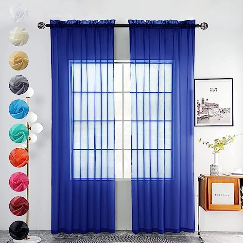 youleyar Solid Sheer Rod Pocket Curtain Voile Draperies 2 Panels White Beige Black Grey Coffee 52 Inch Width 84 Inch Long 1 Pair for Kitchen Bedroom Children Living Room Yard (Sapphire 52W84L)