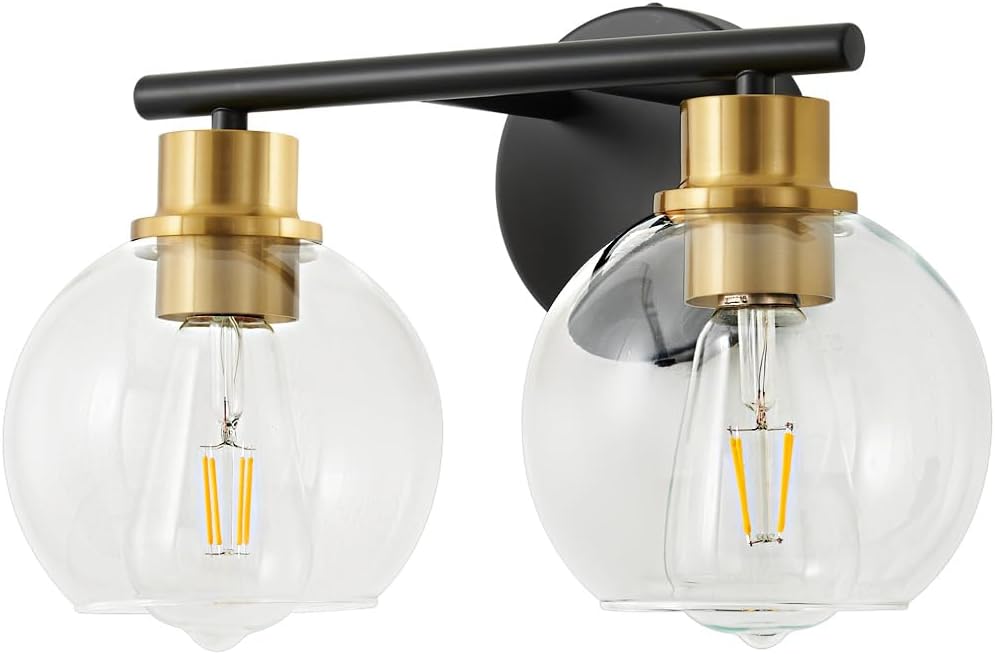 2-Light Bathroom Light Fixtures Black and Gold Vanity Light 13.8 inch Bathroom Lights Over Mirror with Clear Glass Globe Shade, Vanity Lights for Bathroom Kitchen Living Room