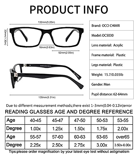 Occi Chiari Reading Glasses 1.5 Readers For Men 150 Strength(1.00 1.25 1.5 1.75 2.0 2.25 2.5 2.75 3.0 3.5 4.0 5.0 6.0) #TOP4