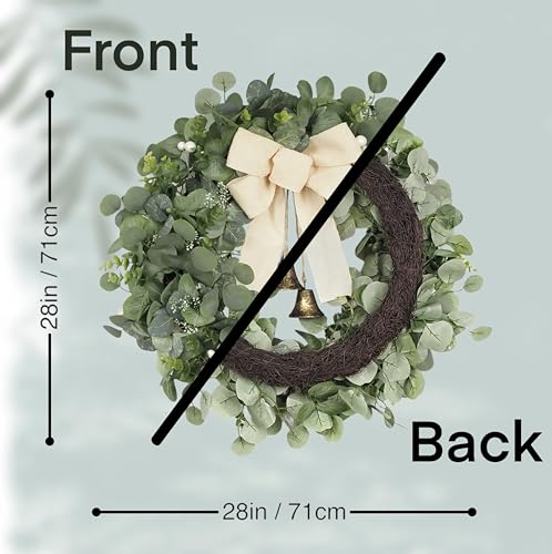 FLOROAD 26 inch Green Eucalyptus Leaves Wreath for Front Door, Year Round Spring Summer Large Artificial Greenery Wreath with Beige Bow Metal Bells by FLOROAD - Image 2