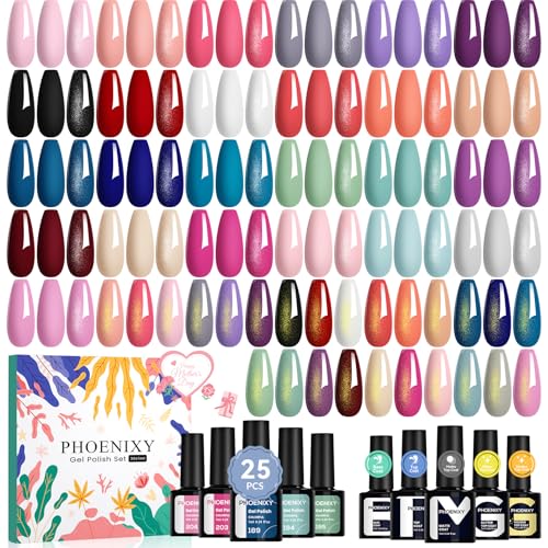 phoenixy Gel Nail Polish 25+5 PCS Gel Nail Polish Kit with Base Coat Glossy Matte Gold Glitter and Silver Glitter Top Coat Pink Red Green Starter Christmas Gift for Women