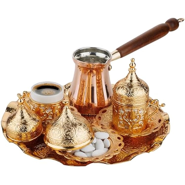 DEMMEX Turkish Greek Arabic Coffee Making and Serving Full Set with Cups Saucers Lids Sugar Bowl Tray and Copper Coffee Pot, Hand Decorated with Gold Crystals, 12 Pcs Gold