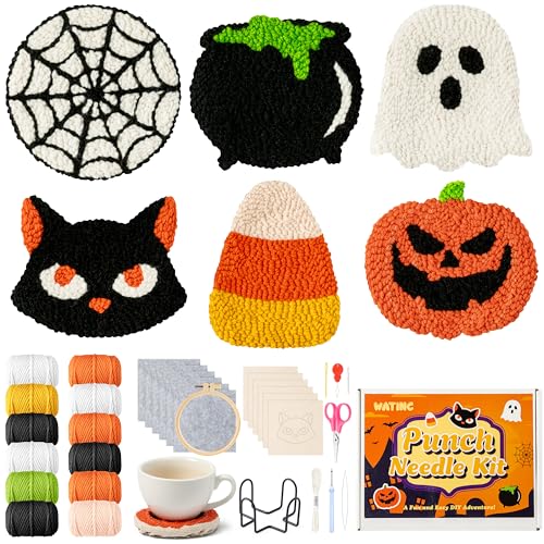 WATINC Punch Needle Coaster Kits - 23Pcs Easy Art Work Decor Craft Supply for Beginners, DIY Set of 6 Unique Pattern Tufted Pads with Adhesive Felt Yarns Tools Coaster Holder Instruction (Orange)