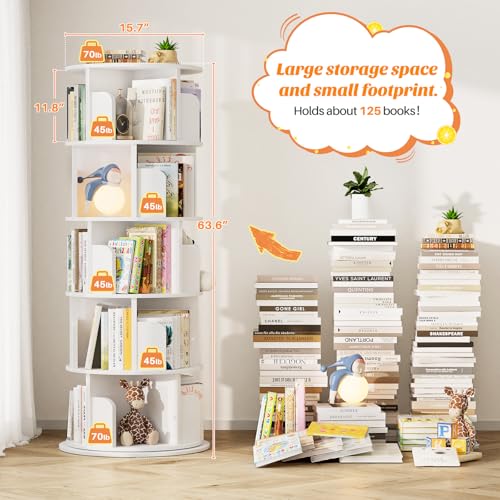 Aheaplus Rotating Bookshelf, 360 Display Wood Spinning Bookshelf Tower, 5 Tier Floor Standing Bookcase Storage Rack, Revolving Bookcase Corner Bookshelfs for Small Space, Bedroom, Study Room, White - Thumbnail 7