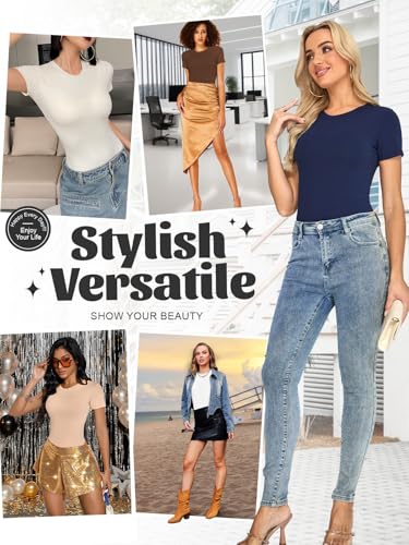 Kefiyis Bodysuit Short Sleeves Bodysuits for Women UK Crew Neck Body Suits Casual Slimming Stretch Leotard Tops with Snap Closure Thong Blue M - Image 5