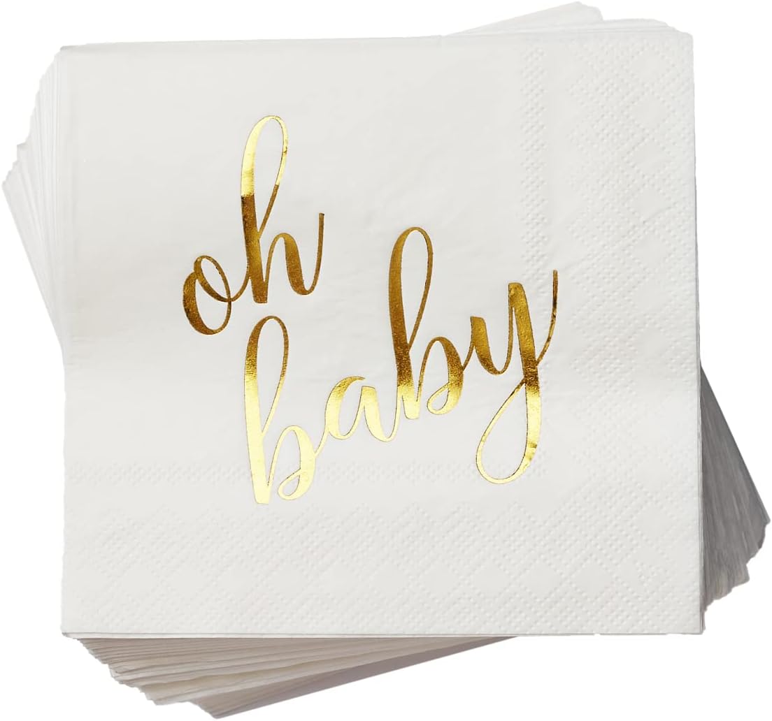 100 Pcs "Oh Baby" White Napkins - 3-Ply White and Gold Cocktail Napkins Baby Shower Party Supplies - Eco-friendly Party Napkins for Dessert Beverage & Table Decorations