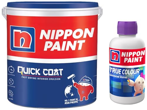 Nippon Quick Coat Interior Emulsion Paint - White (5KG) + Universal Stainer (Fast Violet, 100ml) – Customizable Wall Paint for any Room -Quick Drying, High Coverage, Long Lasting, Low VOC Formula