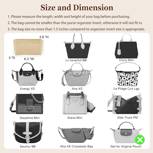Image of Doxo Small Purse Organizer Insert for Handbags, Felt Neverfull BB Organizer Insert,Mini Tote Bag Organizer with Zipper Pocket, Fit Neverfull BB Longchamp Xtra Energy S and More, Beige-XS