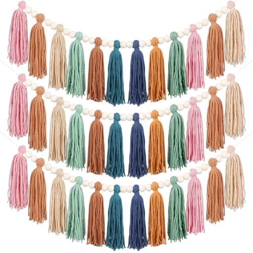 Zeyune 3 Pcs Boho Tassel Garland Boho Rainbow Wall Decor Colorful Pastel Tassel Wall Hanging with Wood Beads for Classroom Kids Bedroom Baby Shower Back to School Birthday Party Supplies