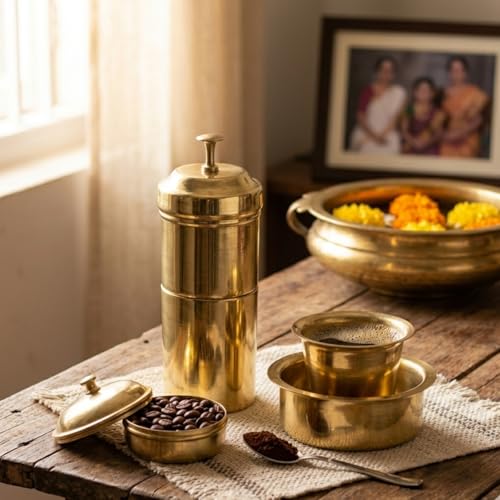 Image of Pure Brass South Indian Coffee Filter with 1 Dabara Set | Handcrafted Madras Drip Decoction Maker | Traditional Copper Finish Coffee Brewer for Home & Office