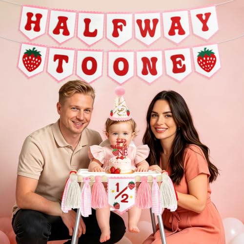 Image of 1 /2 Birthday Girl Decorations, Pink Strawberry Half Way to One Banner Set | Felt banner;wooden cake topper;1 /2 hat;baby girl 6 month party