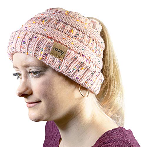 Preisvergleich Produktbild cosey - Strick Wintermütze Pferdeschwanz-Mütze mit Zopfloch für Damen und Mädchen - Gesprenkelt Rosa