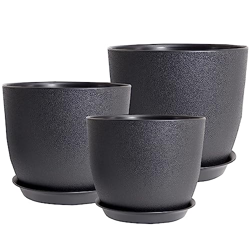 PROFIKLA 20cm, 18cm, 16cm Kunststoff-Blumentopf, Blumentöpfe mit Untersetzer und Drainagelöchern, 3er-Set Blumentopf, Moderne Dekorative übertopf, Schwarz