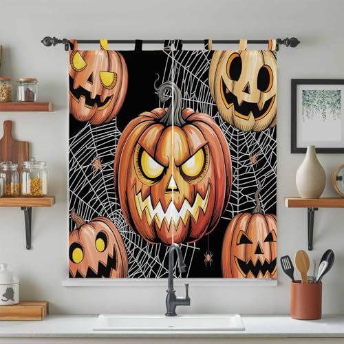 Tab Top Window Curtain, Halloween Orange Pumpkin Tier Curtains Light