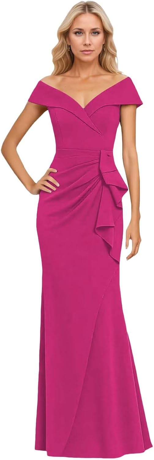 Satin Mother of The Bride Dresses for Women Off Shoulder Mermaid Long Ruched Formal Evening Dress