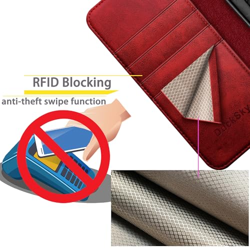 DuckSky Compatible with iPhone 16 Pro Max 6.9" Genuine Leather Wallet case【RFID Blocking】【4 Credit Card Holder】【Real Leather】 Flip Folio Book Phone case Cover Women Men for Apple 16 ProMax case Red by DuckSky - Image 5