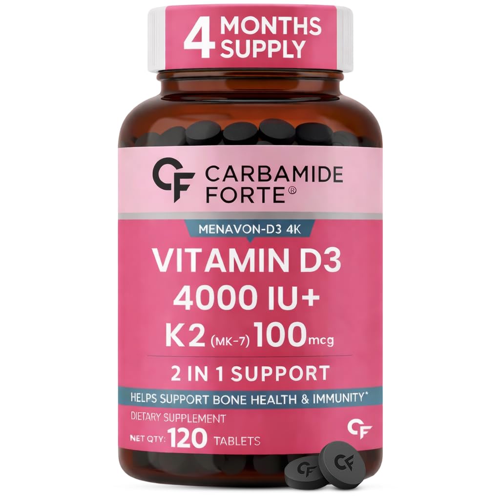Carbamide Forte Vitamin D3 4000IU + K2 100µg (MK7) | 1 Tablet-A-Day | 4 Month Supply | High Strength Vitamin D3 K2 Supplement for Bone & Heart Health|120 Tablets