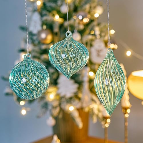 3 Pcs Hand Blown Glass Christmas Ornaments Hanging Baubles for Xmas Tree Decorations (Blue)