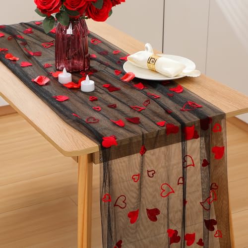 Windkream Valentines Day Table Runner 120 Inch Embroidery Red Love Heart Gauze Table Runner for Wedding Bridal Shower Anniversary Valentine's Day Home Party Kitchen Dining Decoration(Black Red)