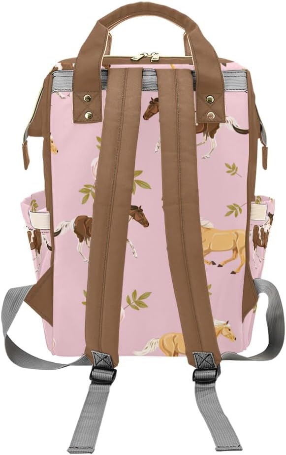 Pink Horses Flowers Personalized Diaper Bag with Name Mommy Bag Customized Baby Tote for Women Multi-Function Travel Backpack Gift for New Mom Dad