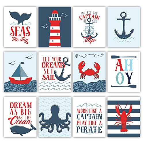 Hadley Designs 6 Nautical Wall Decor - Nautical Room Decor for Toddlers, Boat and Lighthouse Pictures Wall Decors for Kids, Reversible Unframed Ocean Art for Kids Bedroom, Made in USA - Image 3