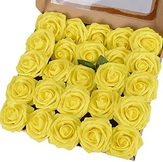 Breeze Talk Artificial Flowers Canary Yellow Roses 25pcs Realistic Fake Roses w/Stem