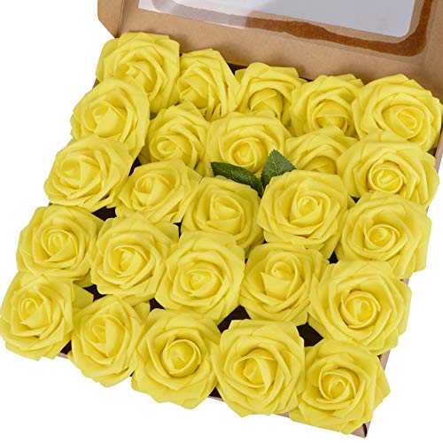 Breeze Talk Artificial Flowers Canary Yellow Roses 25pcs Realistic Fake Roses w/Stem