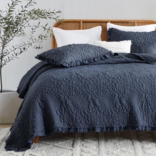HORIMOTE HOME Shabby Chic Ruffled Quilt King Size,Navy Blue Floral