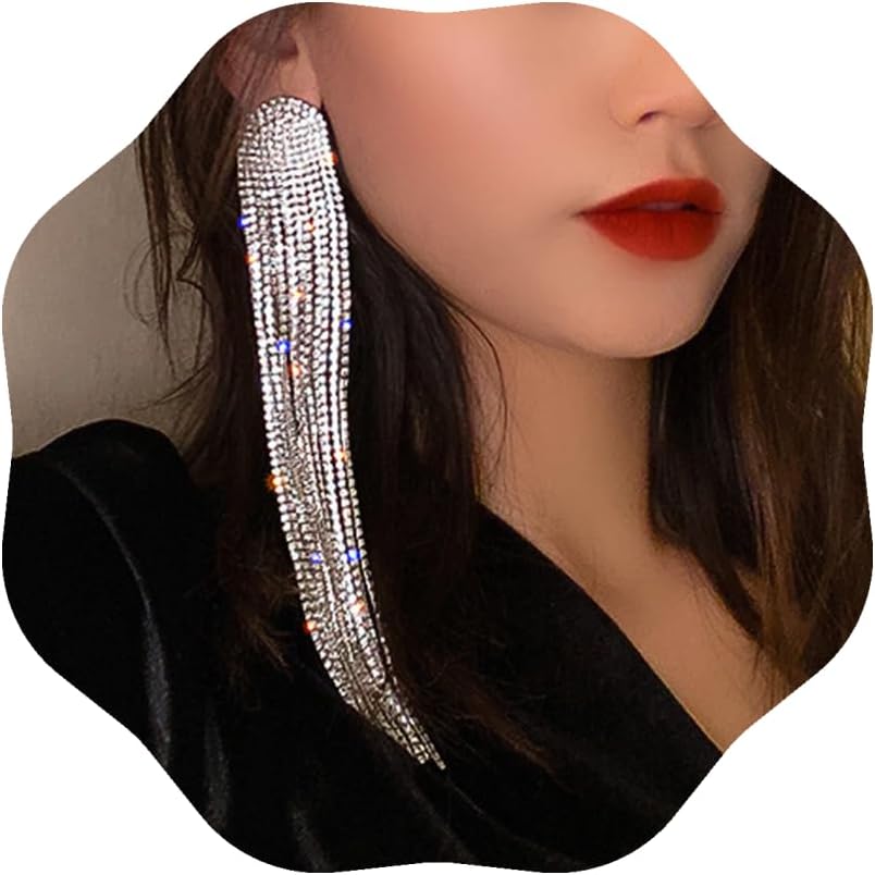 Wekicici Long Rhinestones Tassel Earrings Crystal Chandelier Tassel Long Big Statement Chain Dangle Drop Earrings for Women