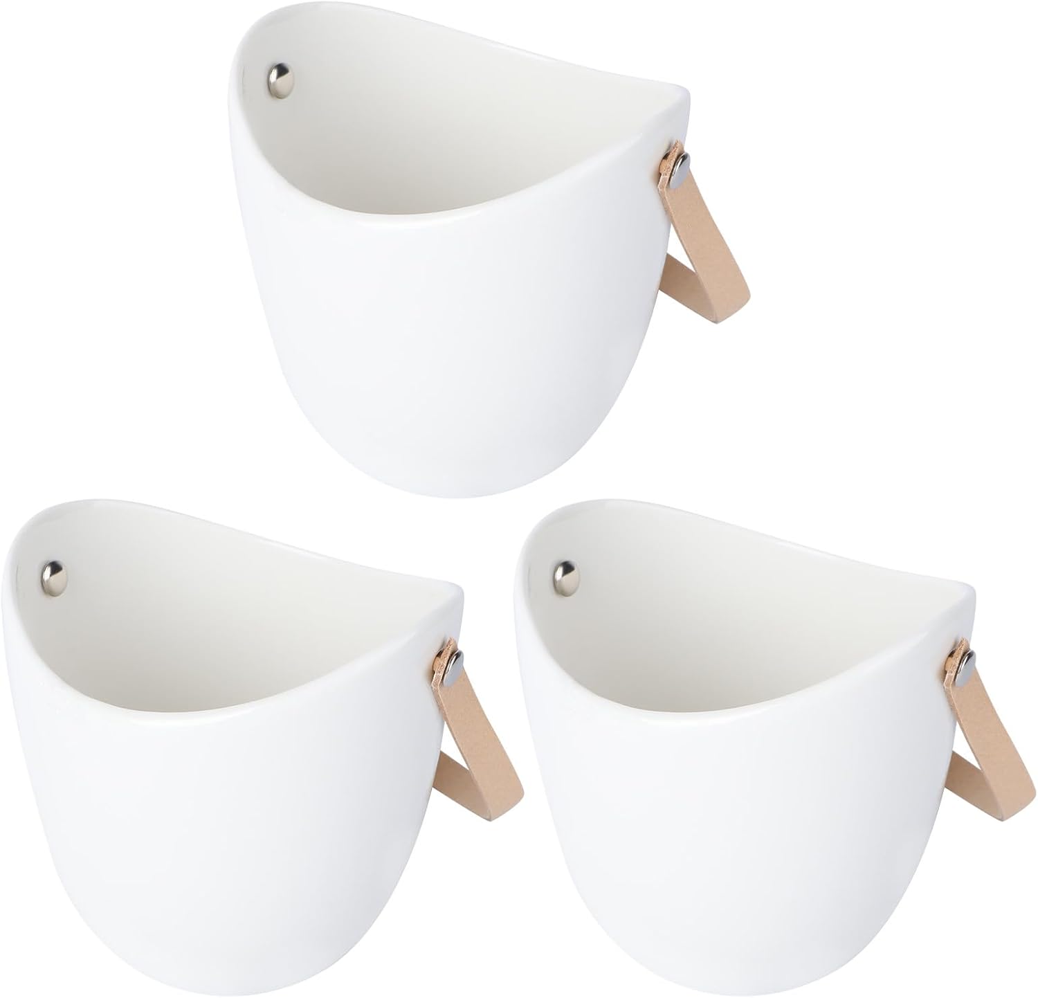 Milisten 3pcs White Ceramic Hanging Planters with Strap for Wall Mount, Decorative Hanging Flowerpot Basket for Succulent and Hydroponic Plants, Indoor Outdoor Garden Pots