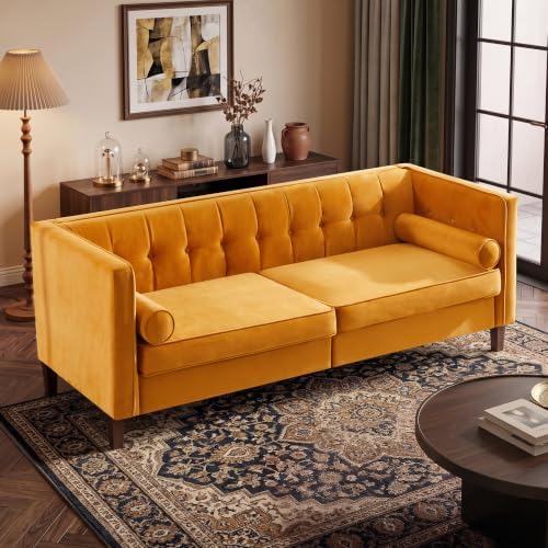 78" Velvet Sofa, 3 Seater Couch with Bolster Pillows, Button-Tufted Design