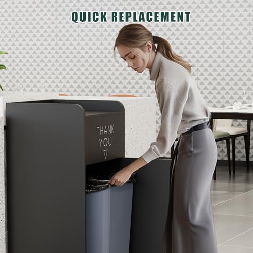 Image of Restaurant Trash Can Cabinet with Tray Holder, 35-Gallon Commercial Indoor for Restaurants, Cafes, Kitchens, and Dining Areas, Durable Garbage Bin with Storage, Black