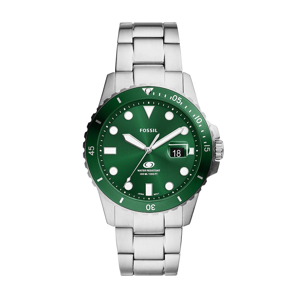 Fossil Orologio subacqueo blu da uomo, movimento al quarzo con data a tre lancette e cinturino in acciaio inossidabile o in pelle, 42 mm, Verde e argento