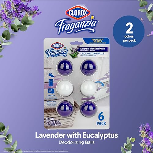 clorox fraganzia deodorizing balls lavender with eucalyptus scent - battery free air refresher odor eliminators for shoes gym bag closet locker hamper and drawer odor deodorizers 6 count