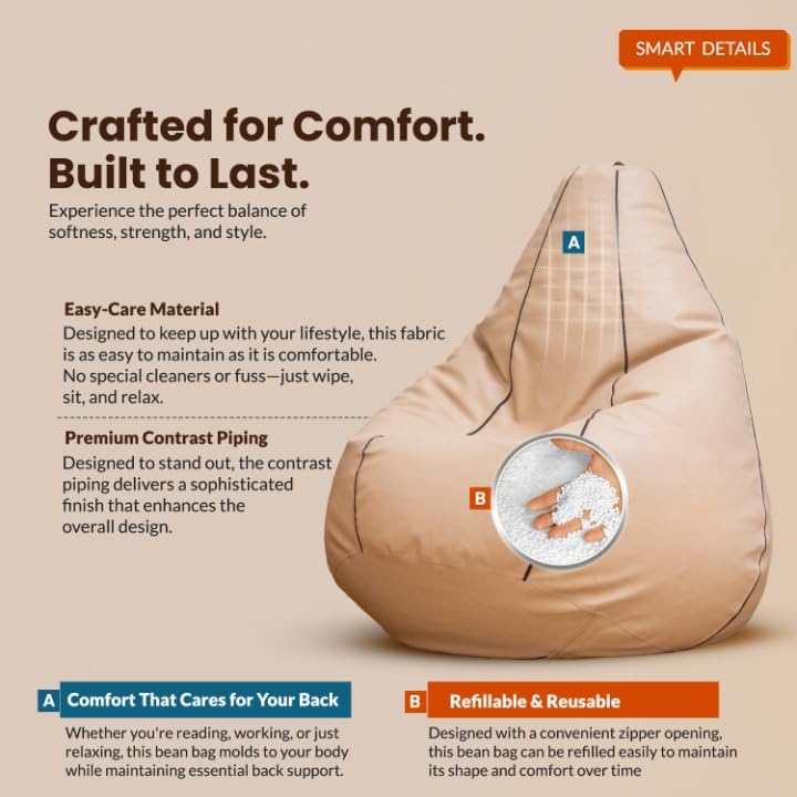 Image of Sattva Classic Piping XXXL Bean Bag with Pocket Filled with Beans | Faux Leather Teardrop Bean Bag for Adults & Teens | Pre-Filled Comfortable Seating for Home, Living Room - Beige with Brown Piping