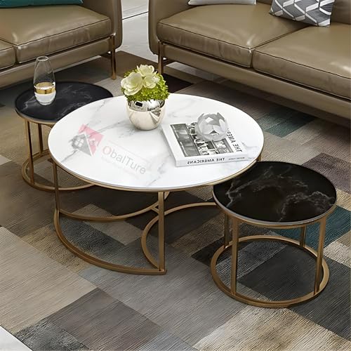 Image of 3 Piece Living Room Table Set, 1 White Center Table and 2 Black End Nesting Tables Round Stacking Coffee Side Table for Small Space, Nightstand Bedside Table for Restaurent and Hotels