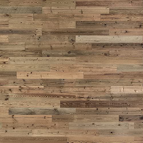 Natural Brown Rustic Wood Planks 47  length Set of 12 Sunbaked Barnwood Tile Panels DIY Reclaimed Wood Wall Kit for Siding Wooden Backdrop Kitchen Backsplash Hardwood Bar Decor (12, Board width 4 inc)
