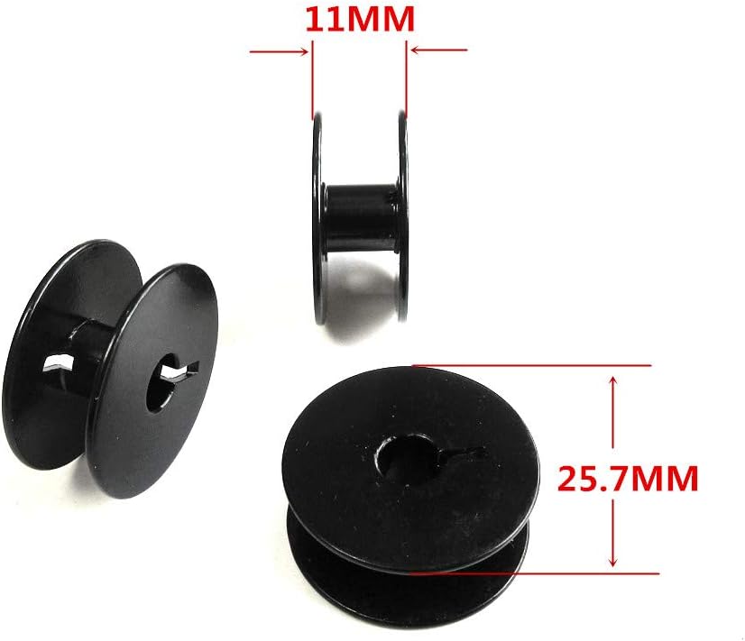 Image showing two black steel bobbins with dimensions indicated: 11mm height and 25.7mm diameter.