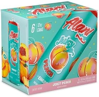 Alani JUICY PEACH Sugar Free, Low Calorie Energy Drinks, 12 oz (6 pack)