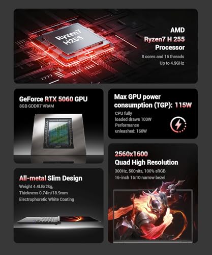 Image of Gaming Laptop RTX 5060, 2560x1600 16in 240Hz 2.5K QHD+, AMD Ryzen 7 H 255 Processor (8C /16T, 4.9GHz), 8GB GDDR7 VRAM, 16GB DDR5 512GB SSD (96GB RAM Expandable), Backlit Keyboard, Metal Design