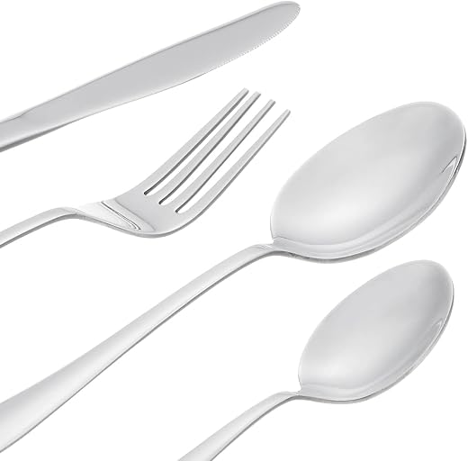 Amazon Brand - Solimo 24 Piece Cutlery Set | 6 Tea Spoons, 6 Knives, 6 Spoons &amp; 6 Forks | Mirror Finish, Stainless Steel
