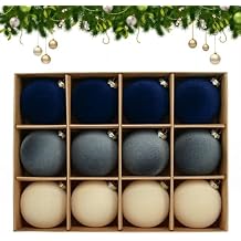 12pcs Velvet Christmas Ornaments - 2.4 inch Large Flocked Shatterproof Baubles for Christmas Tree Decor Navy+Blue+Beige