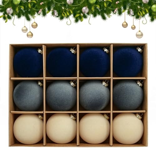 ChYoung 12pcs Velvet Christmas Ornaments - 2.4 inch Large Flocked Shatterproof Baubles for Christmas Tree Decor (Navy+Blue+Beige) by ChYoung - Used condition - US$11.01