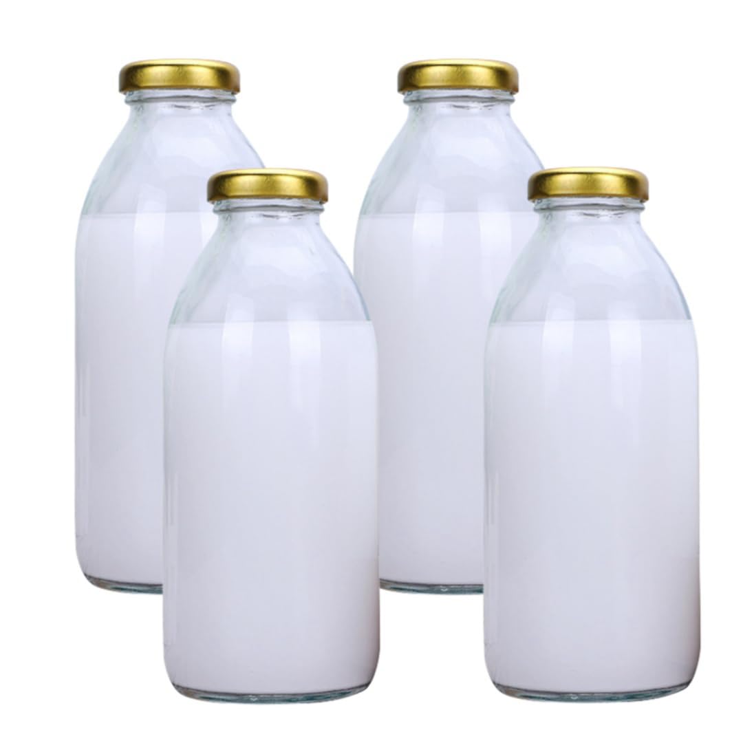 MEETOZ 4Pcs 500ml Glass Milk Bottles,with Pretty Gingham Lids Reusable Milk Bottle for Juices Dressings, Sauces, Beverages