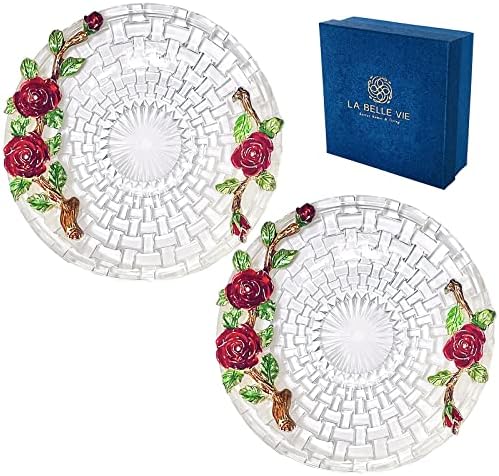 Dessert Plates with Gift Box, 6 Inch Round Clear Glass Plates, Christmas Dessert Plates with Red/Blue Flowers Design, Gifts for Girls Women Tea Party, Thanksgiving, Wedding, Birthday, Housewarming