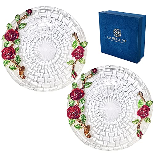 Dessert Plates With Gift Box, 6 Inch Round Clear Glass Plates, Christmas Dessert Plates With Red/Blue Flowers Design, Gifts For Girls Women Tea Party, Thanksgiving, Wedding, Birthday, Housewarming #TOP16