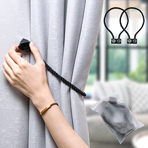 Naztur Magnetic Curtain Tiebacks- Upgrade 2022 With A Thicker Twist Rope & Strong Magnet Tieback Window Treatment Holdbacks Draperies Holders Decorative Drape Handmade Tie Back (Black, 2) #TOP7