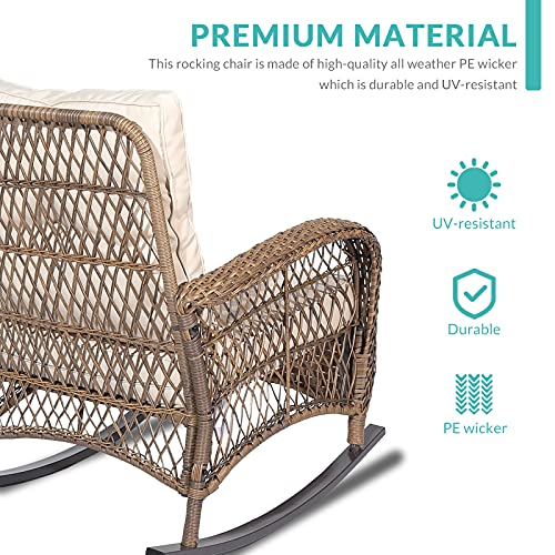 Meetwarm Outdoor Wicker Patio Rocking Chair Cushioned Rattan Rocker Chair For Porch, Deck, Poolside With Steel Frame, Weather-Resistant Beige Cushions, Set Of 2 #TOP5